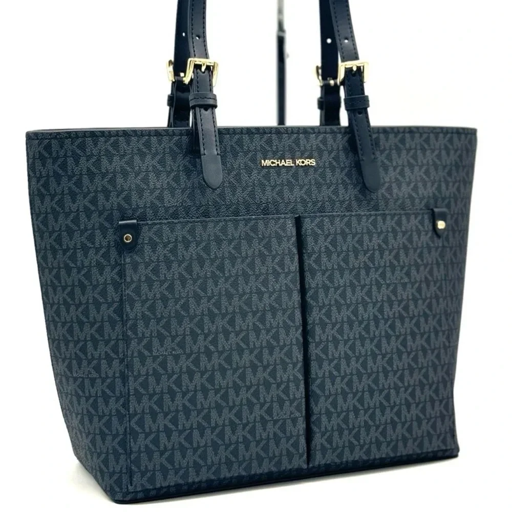 Michael Kors Jet Set Medium Pocket Tote Bag NWT Black Signature